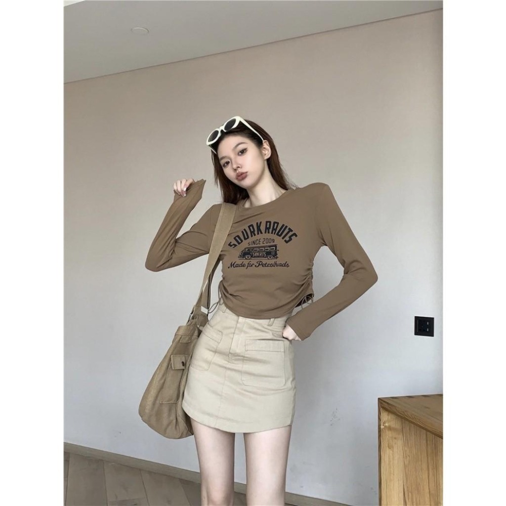 (A292)巴士圖案側抽繩短版上衣-6色 長袖上衣 長袖短版 tshirt t恤 長袖t恤-細節圖3