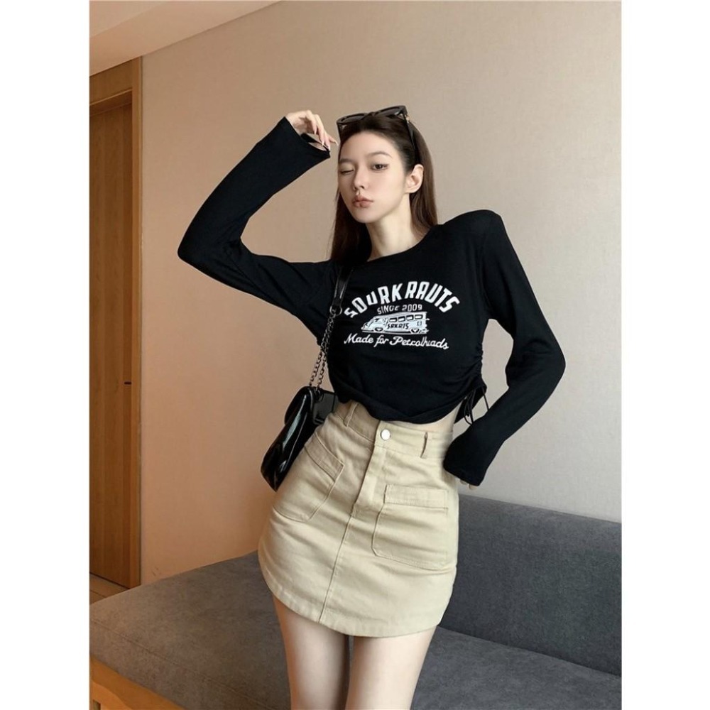 (A292)巴士圖案側抽繩短版上衣-6色 長袖上衣 長袖短版 tshirt t恤 長袖t恤-細節圖5