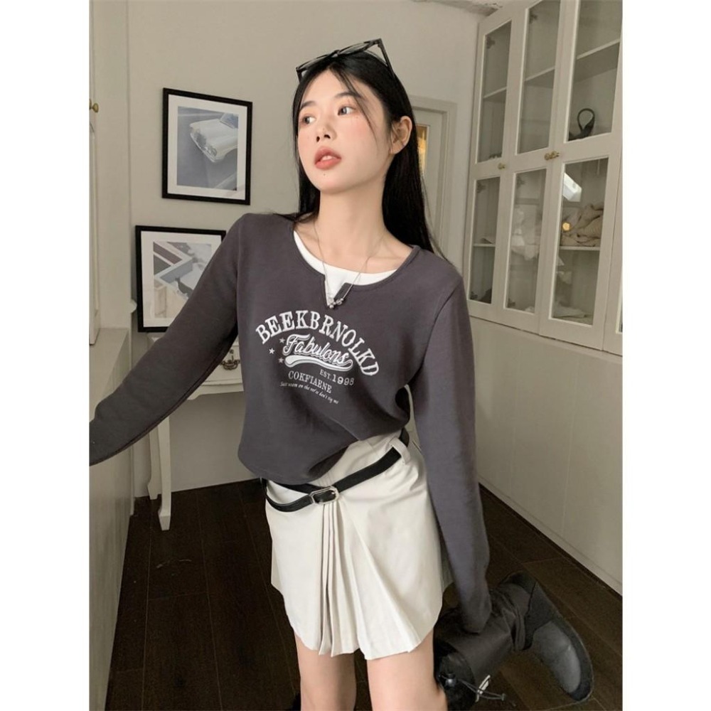 (A295)假兩件圓弧下擺上衣-5色 長袖上衣 長袖短版 短版上衣 tshirt t恤-細節圖2