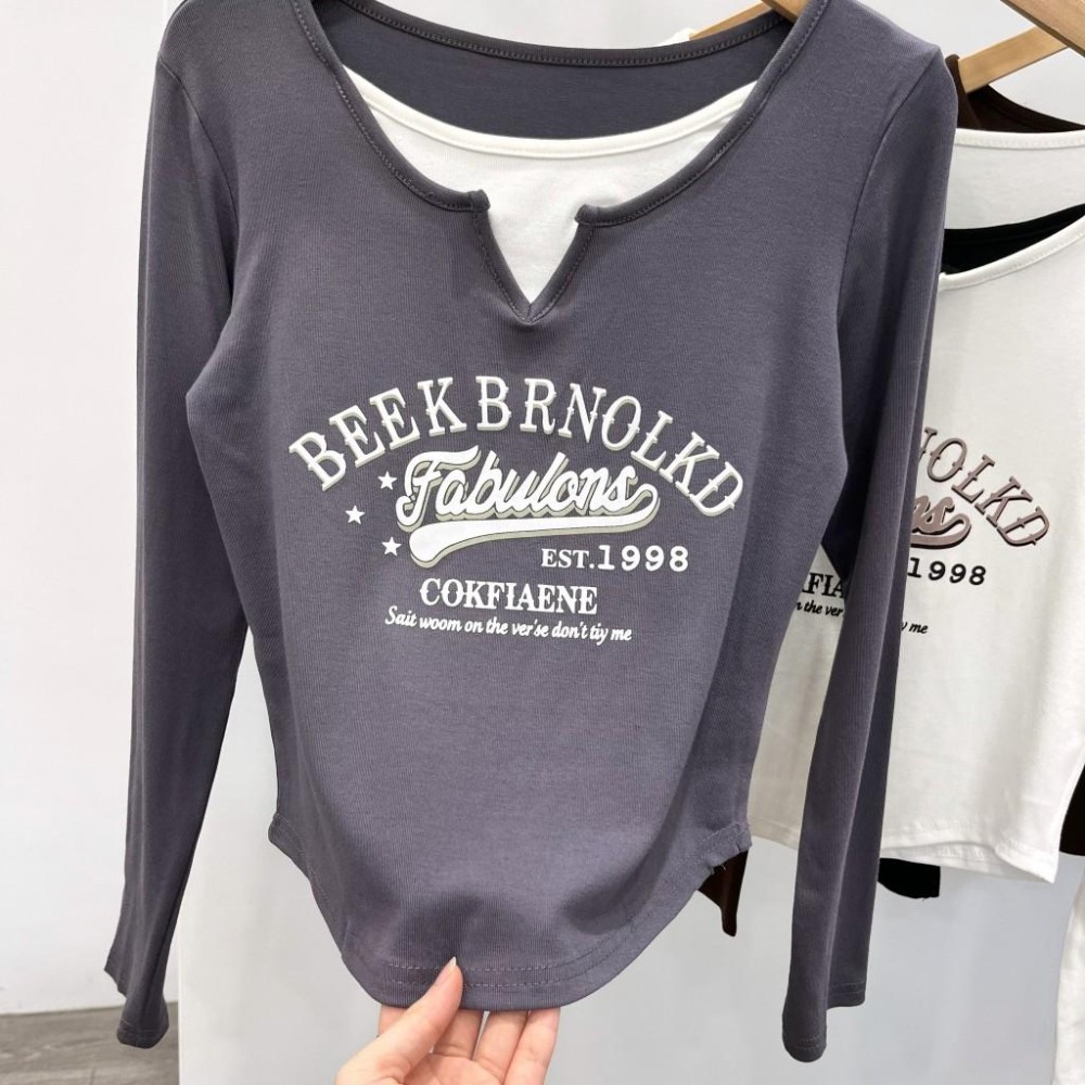 (A295)假兩件圓弧下擺上衣-5色 長袖上衣 長袖短版 短版上衣 tshirt t恤-細節圖5