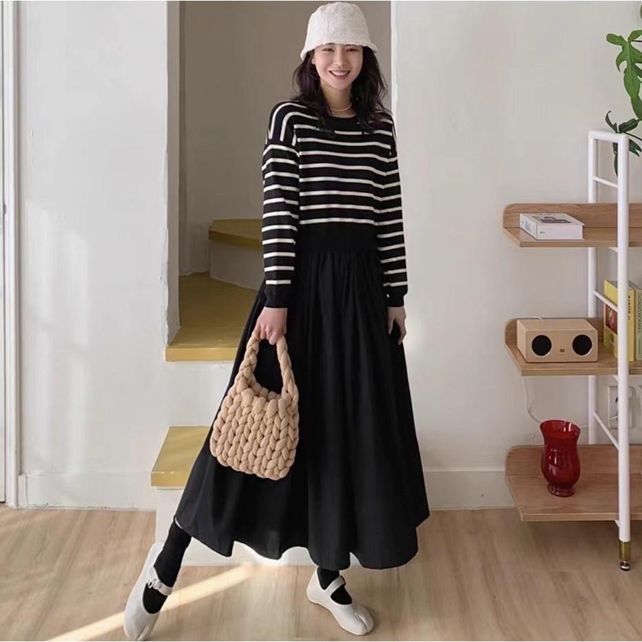 (C70)條紋拼接長袖洋裝-2色(有口袋) 連身裙 連衣裙 連身裙長裙 秋冬-細節圖4
