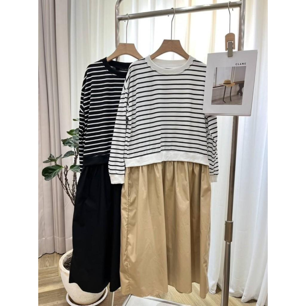 (C70)條紋拼接長袖洋裝-2色(有口袋) 連身裙 連衣裙 連身裙長裙 秋冬-細節圖5