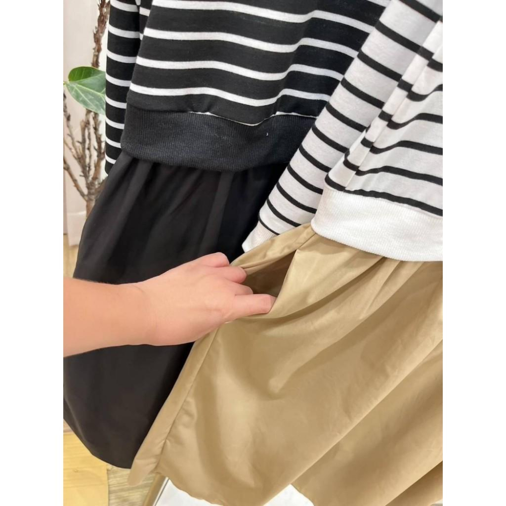 (C70)條紋拼接長袖洋裝-2色(有口袋) 連身裙 連衣裙 連身裙長裙 秋冬-細節圖6