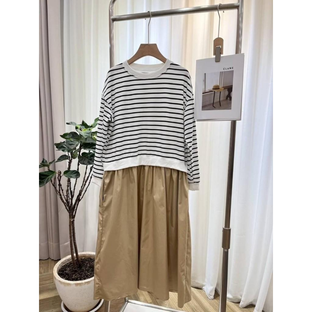 (C70)條紋拼接長袖洋裝-2色(有口袋) 連身裙 連衣裙 連身裙長裙 秋冬-細節圖7