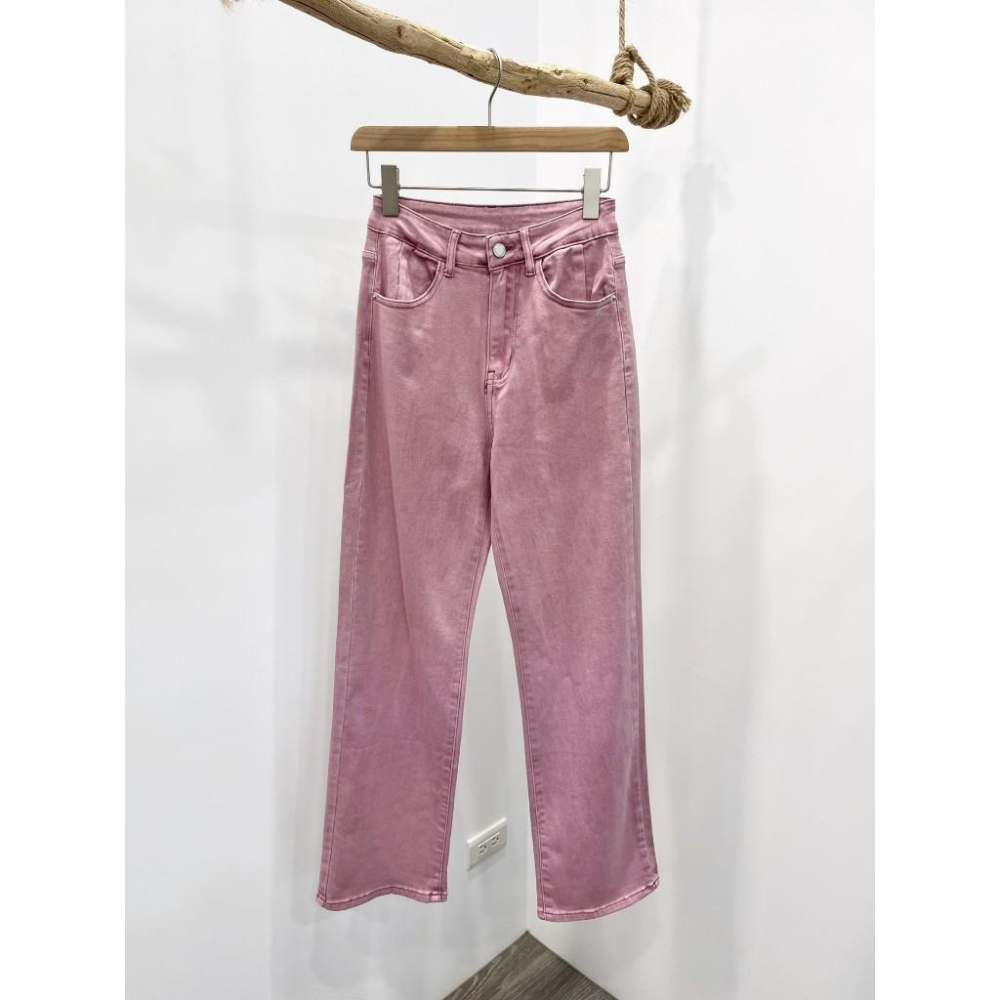 (D213)莓粉色高腰彈性直筒落地寬褲S-XL 長褲 牛仔褲-細節圖3