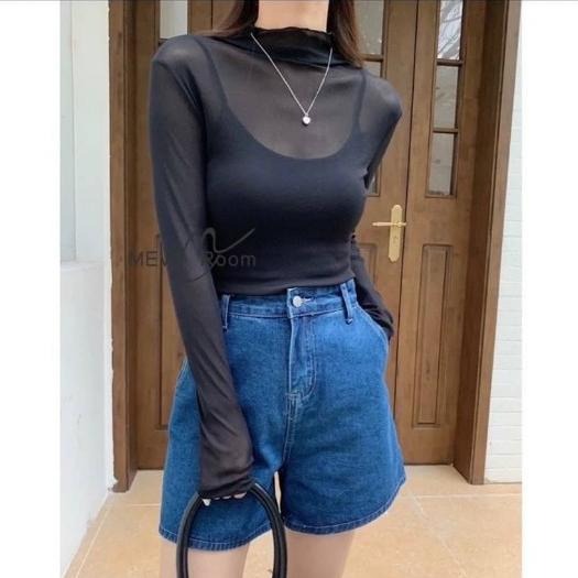 (A288)冰絲網紗半高領木耳邊透膚上衣-5色 打底衣 內搭 長袖上衣-細節圖2