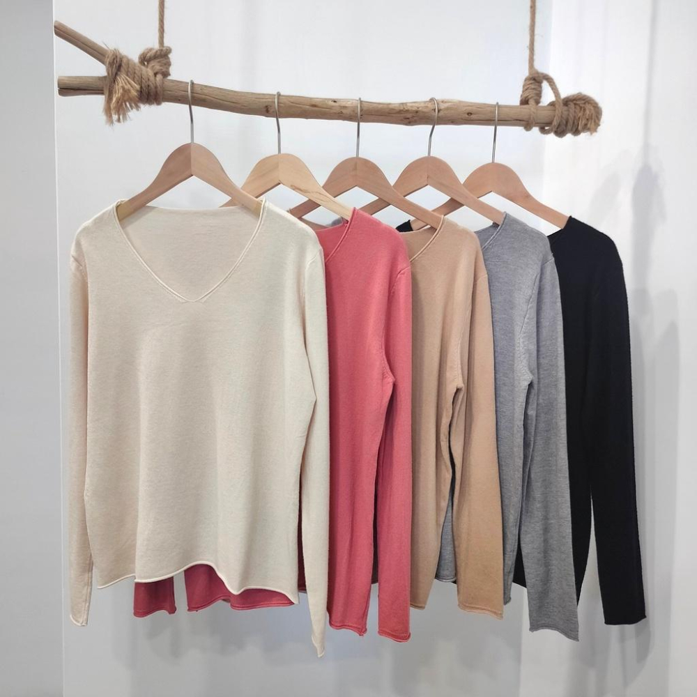 (A243)V領捲邊軟料針織上衣-5色 寬鬆 包心紗 長袖針織 V領針織-細節圖3