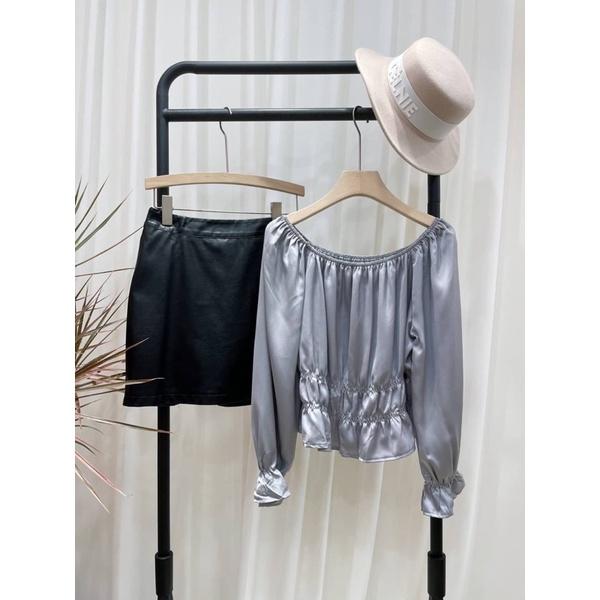 (A87)方領縮腰短版上衣-4色 短版 一字領 雪紡上衣 長袖上衣-細節圖3