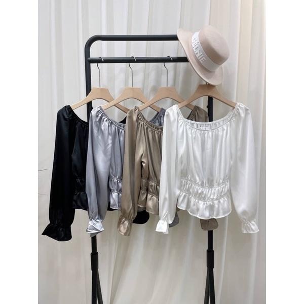 (A87)方領縮腰短版上衣-4色 短版 一字領 雪紡上衣 長袖上衣-細節圖8