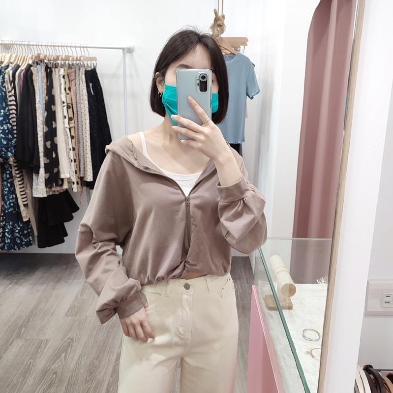 (A84)正韓-下扭結設計拉鍊連帽上衣-3色 短版 短版上衣 長袖短版上衣 帽t 薄長袖 長袖上衣-細節圖2