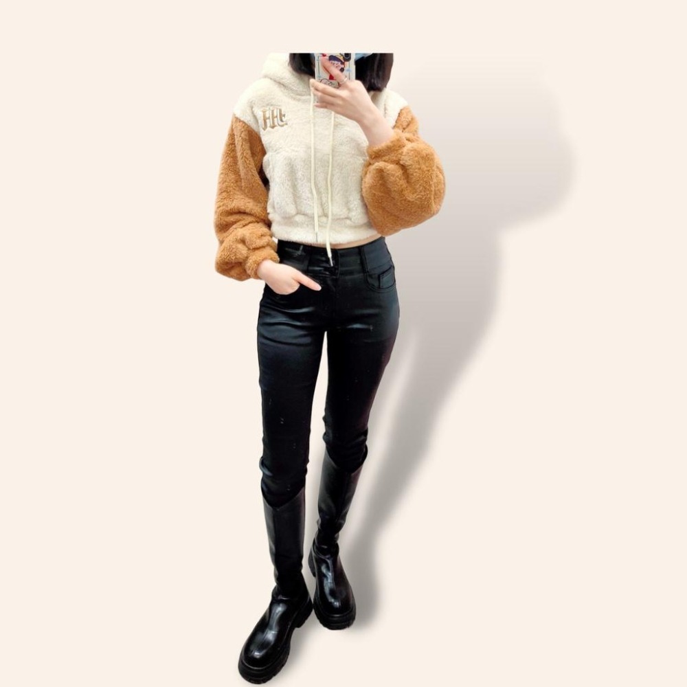 (D91)三釦內磨毛彈性皮褲S-XL-細節圖3