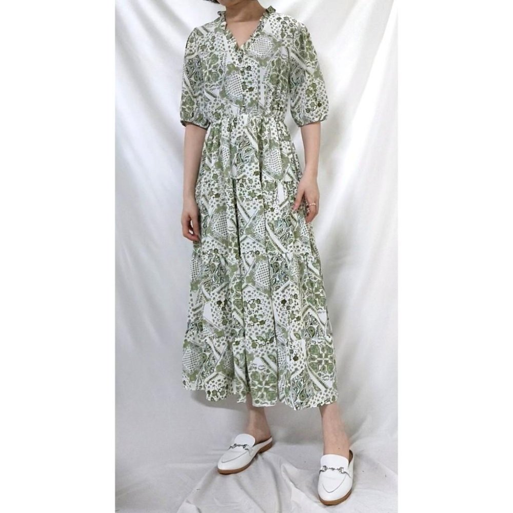 (C15)滿版圖騰縮腰五分袖長洋裝【現貨】📍折扣出清不退換📍連身裙 連衣裙 碎花洋裝 雪紡洋裝 連身裙長裙 長裙洋裝-細節圖2