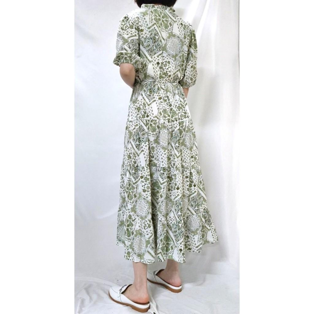 (C15)滿版圖騰縮腰五分袖長洋裝【現貨】📍折扣出清不退換📍連身裙 連衣裙 碎花洋裝 雪紡洋裝 連身裙長裙 長裙洋裝-細節圖3