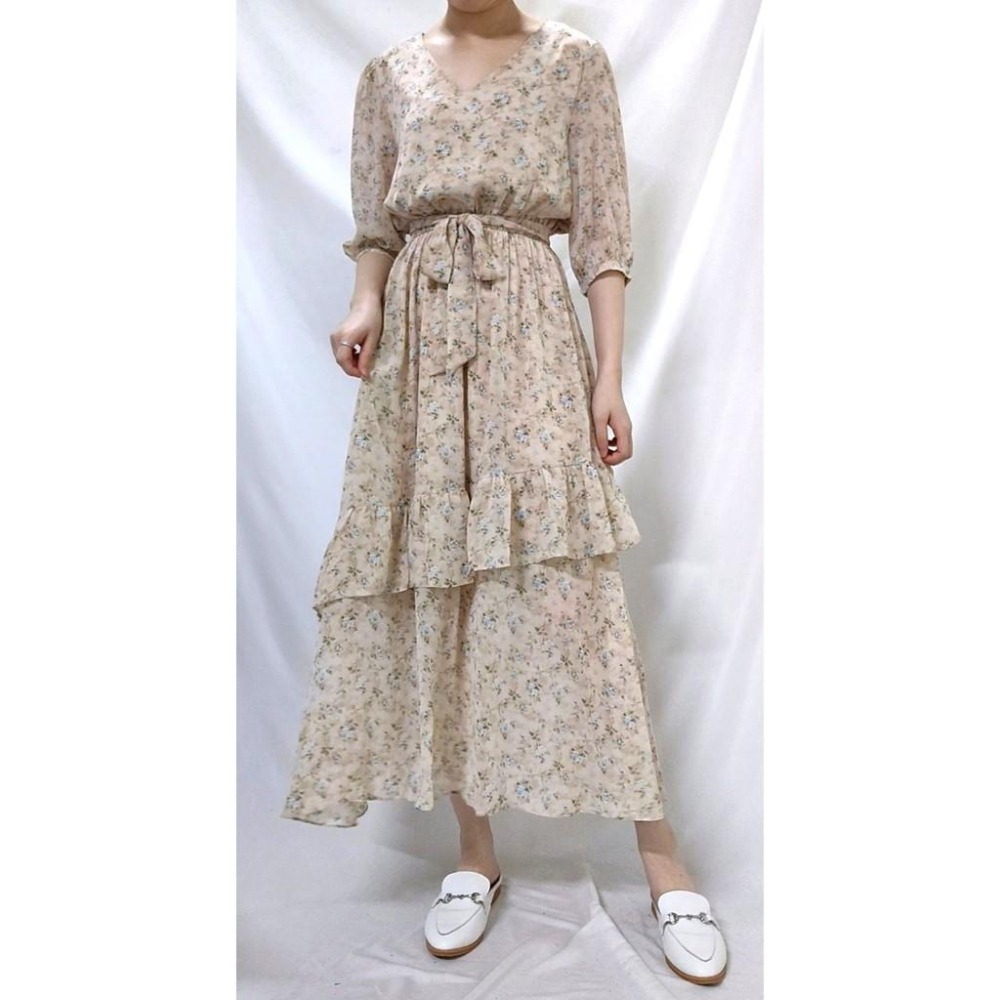 (C16)下擺不規則荷葉造型碎花縮腰長洋裝-2色(有口袋!)-細節圖2