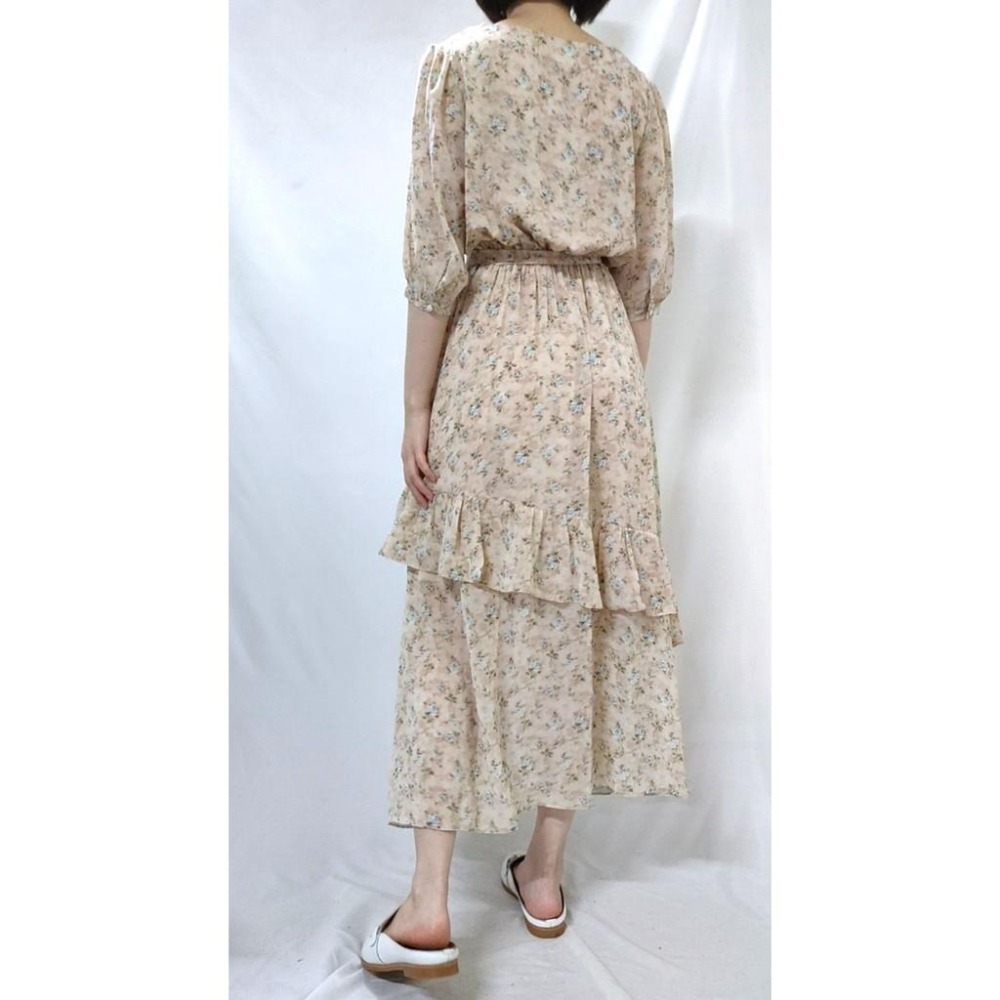 (C16)下擺不規則荷葉造型碎花縮腰長洋裝-2色(有口袋!)-細節圖3