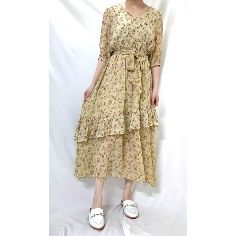 (C16)下擺不規則荷葉造型碎花縮腰長洋裝-2色(有口袋!)-細節圖4