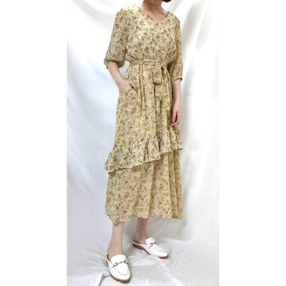 (C16)下擺不規則荷葉造型碎花縮腰長洋裝-2色(有口袋!)-細節圖5