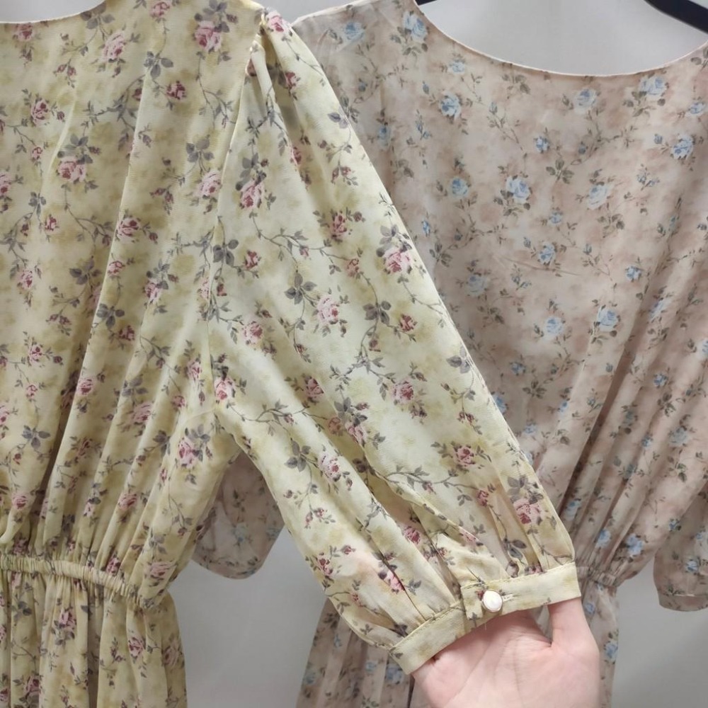 (C16)下擺不規則荷葉造型碎花縮腰長洋裝-2色(有口袋!)-細節圖7