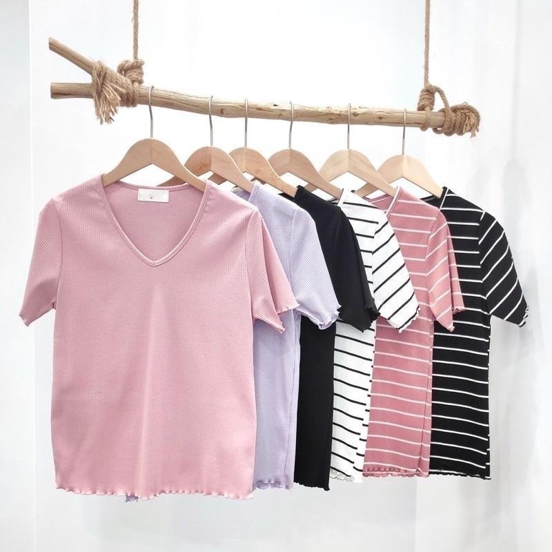 (A5)(圓領/v領)正韓-木耳邊 捲邊 QQ邊彈性短袖上衣-細節圖7