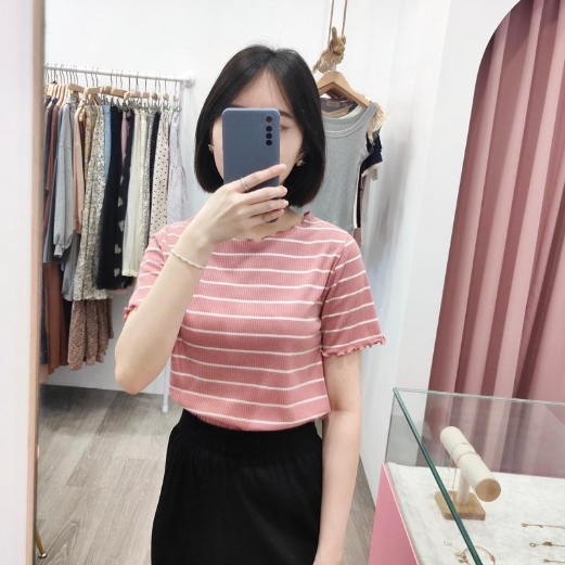 圓領-粉底白條紋