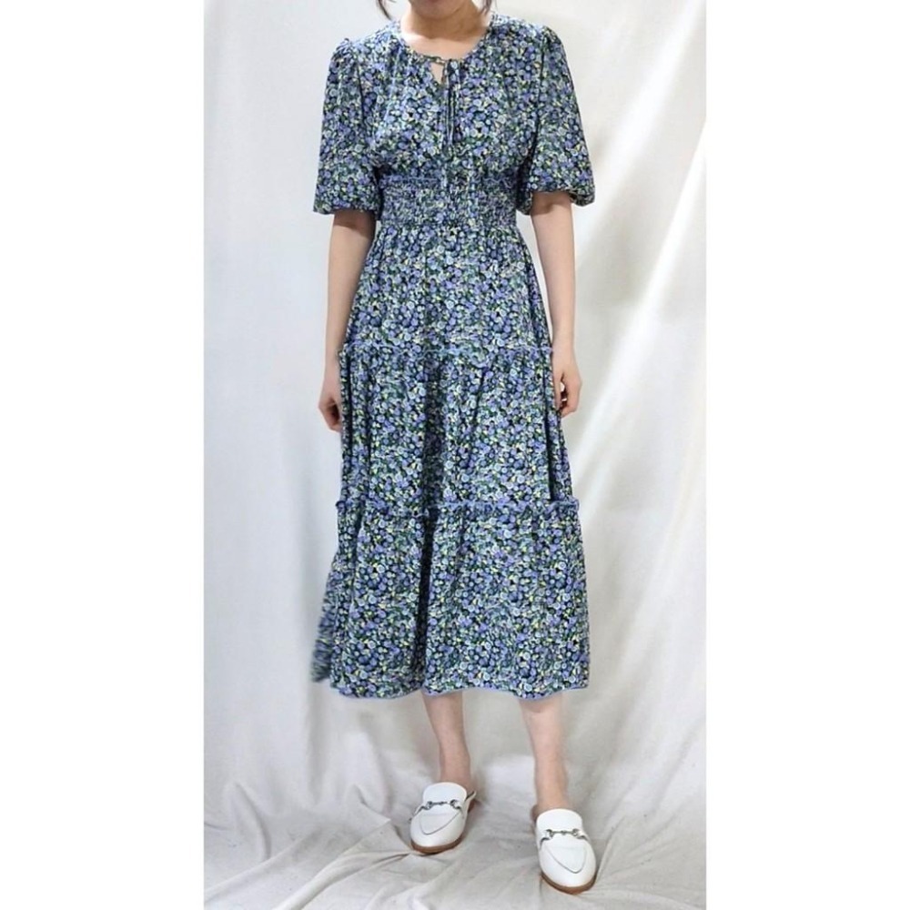 (C10)澎澎袖滿版小碎花縮腰蛋糕長洋裝-3色-細節圖2