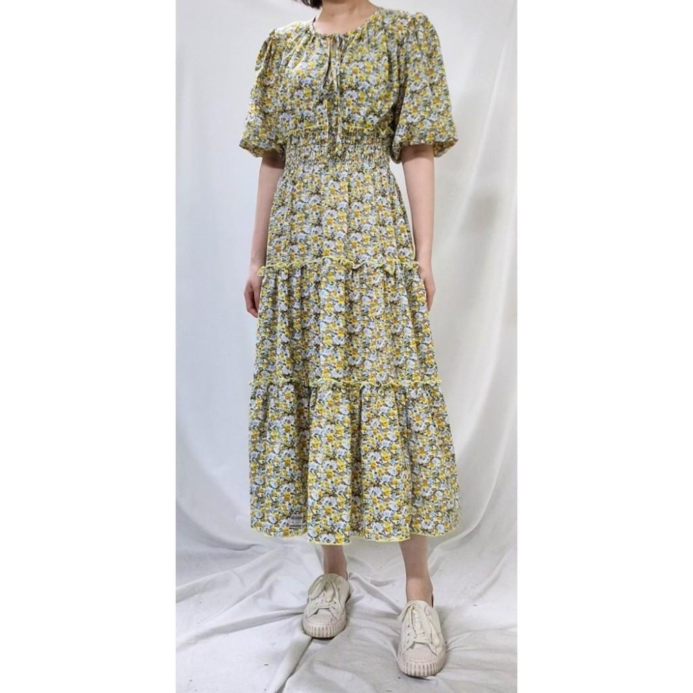 (C10)澎澎袖滿版小碎花縮腰蛋糕長洋裝-3色-細節圖4