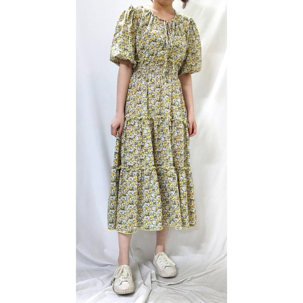 (C10)澎澎袖滿版小碎花縮腰蛋糕長洋裝-3色-細節圖5