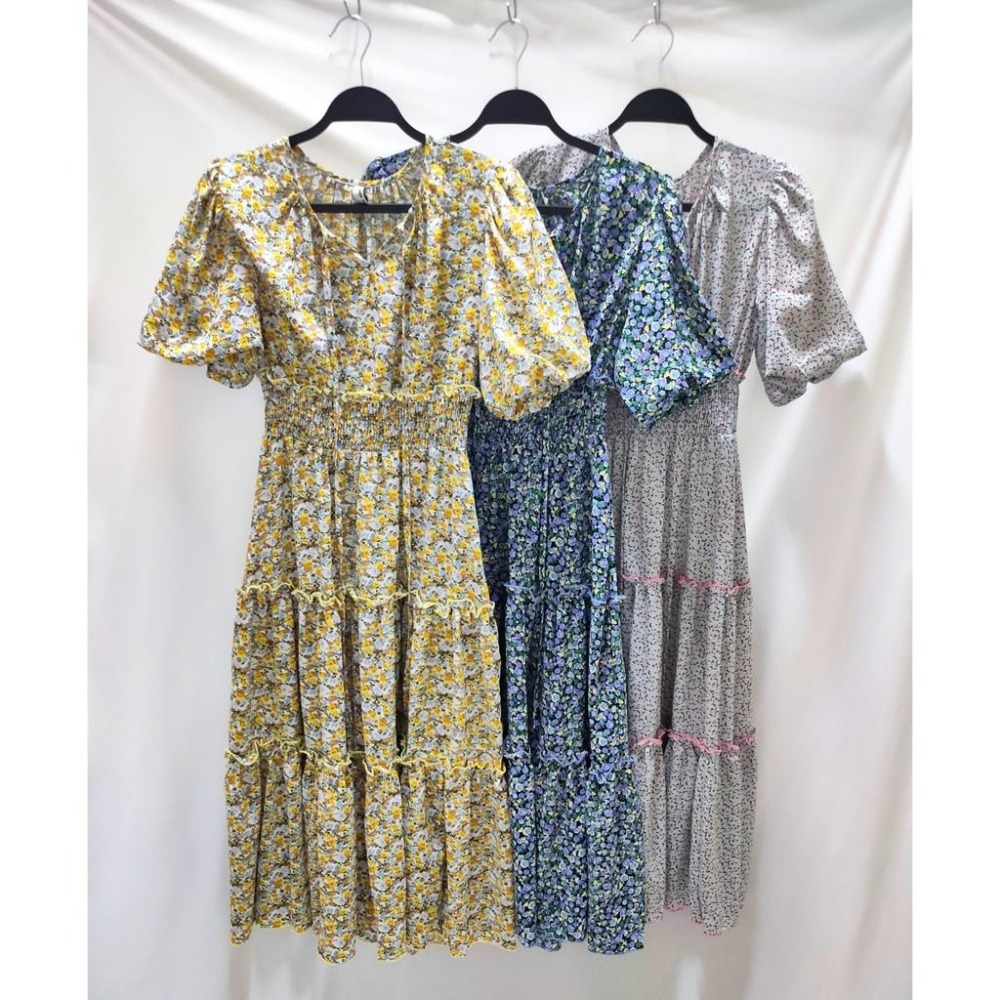 (C10)澎澎袖滿版小碎花縮腰蛋糕長洋裝-3色-細節圖7