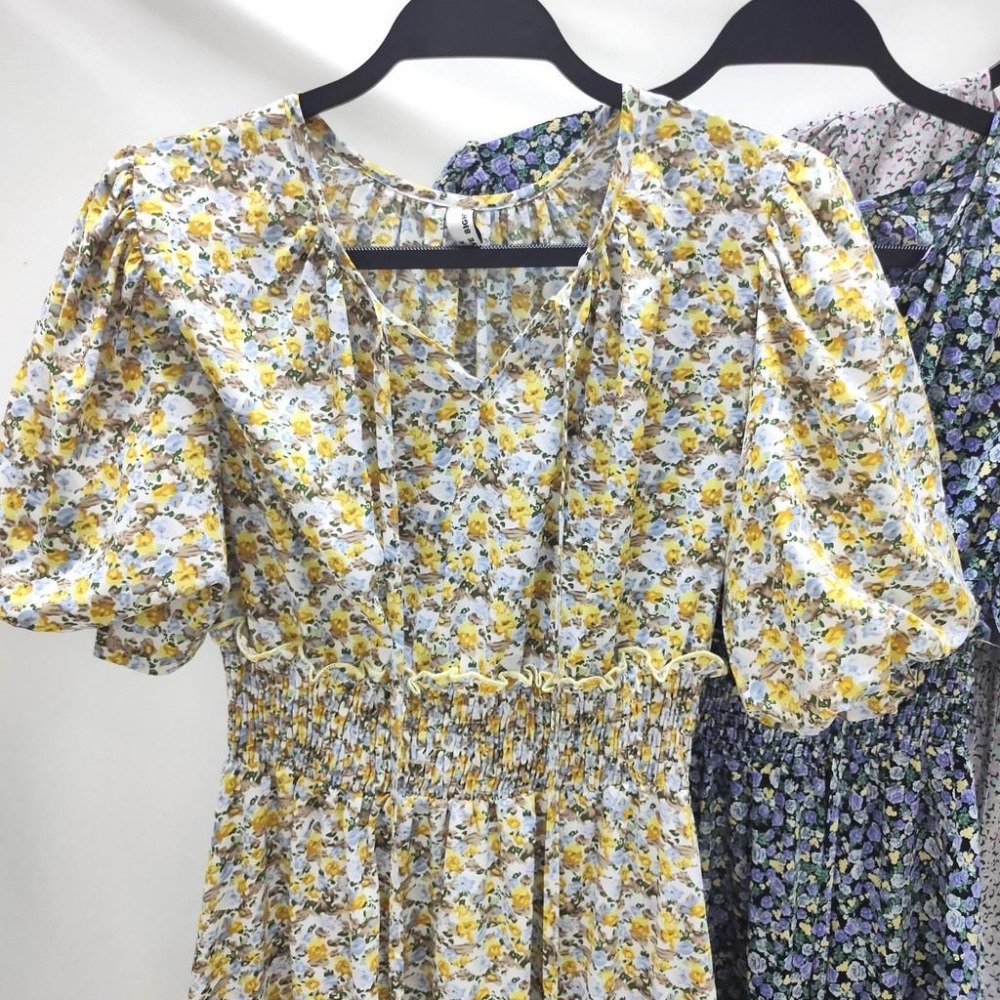 (C10)澎澎袖滿版小碎花縮腰蛋糕長洋裝-3色-細節圖9