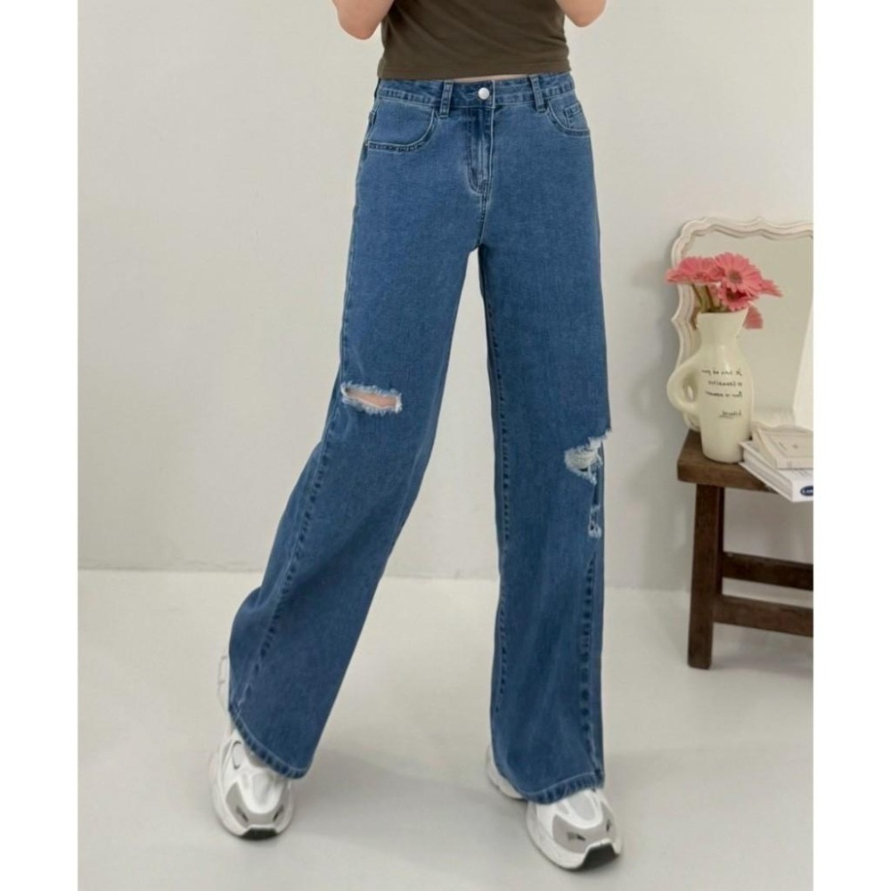 (D243)牛仔刷破彈性寬褲S-XL-細節圖2