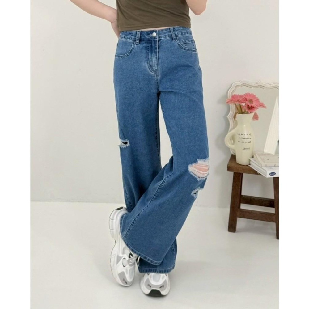 (D243)牛仔刷破彈性寬褲S-XL-細節圖3