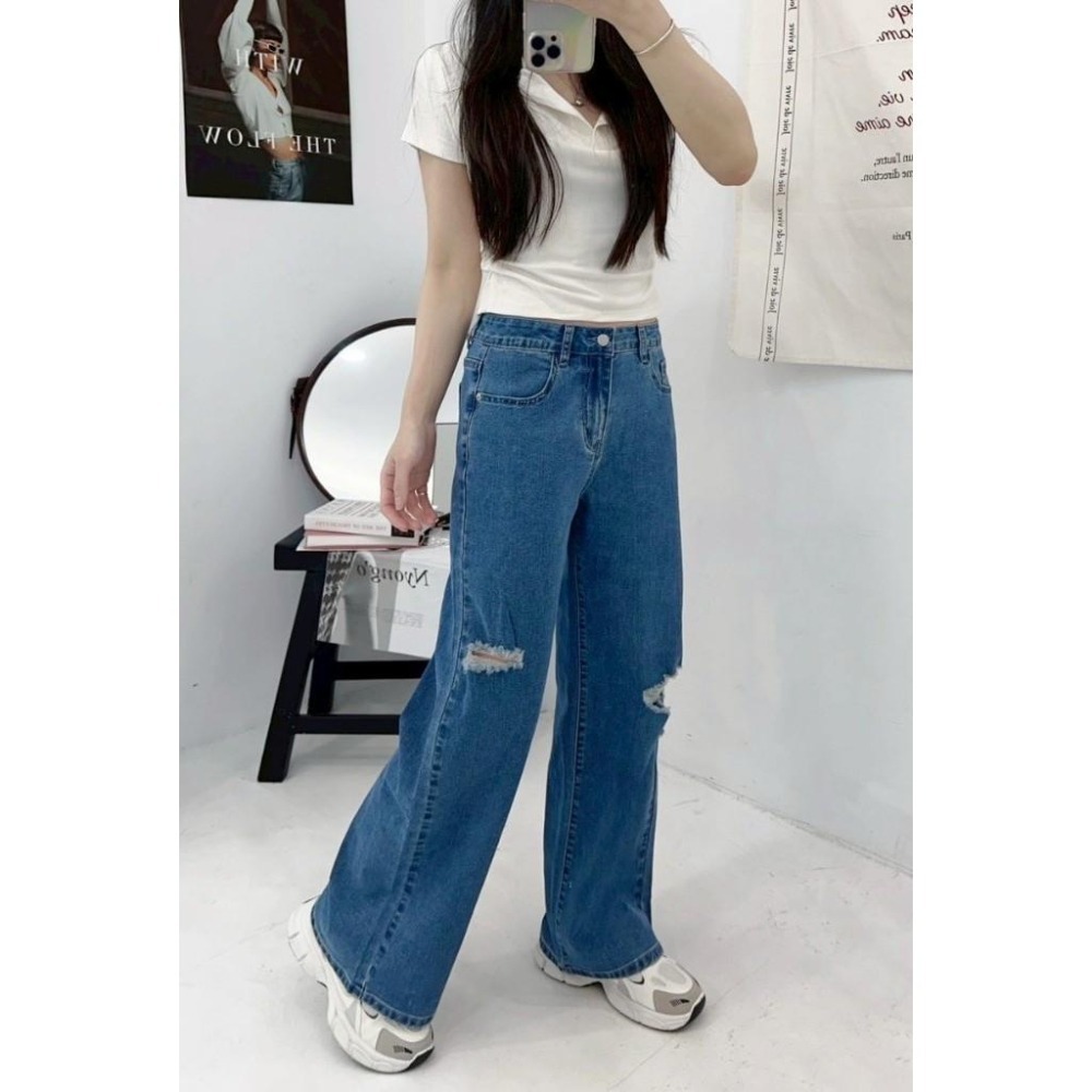 (D243)牛仔刷破彈性寬褲S-XL-細節圖4