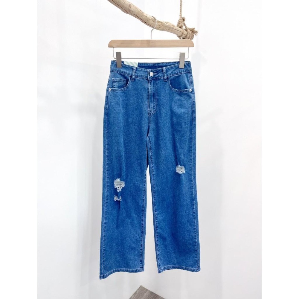 (D243)牛仔刷破彈性寬褲S-XL-細節圖5