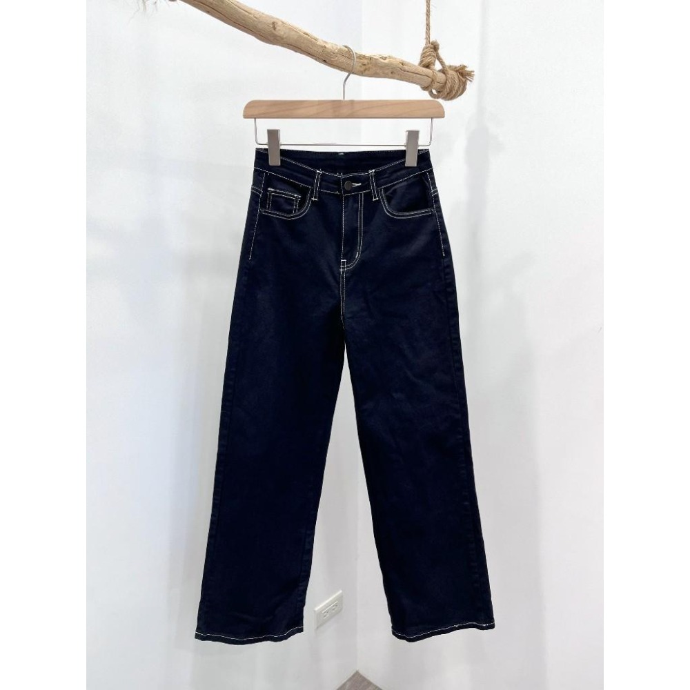 (D241)撞色縫線黑色牛仔寬褲S-XL ‼️版型偏小 可拿大一碼‼️-細節圖3