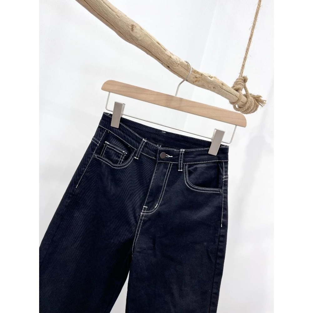 (D241)撞色縫線黑色牛仔寬褲S-XL ‼️版型偏小 可拿大一碼‼️-細節圖4