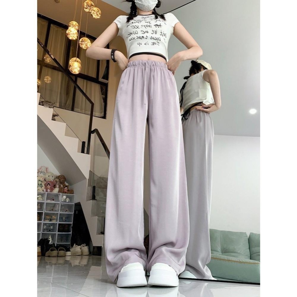 (D242)鬆緊抽繩緞面感寬褲-3色-細節圖3