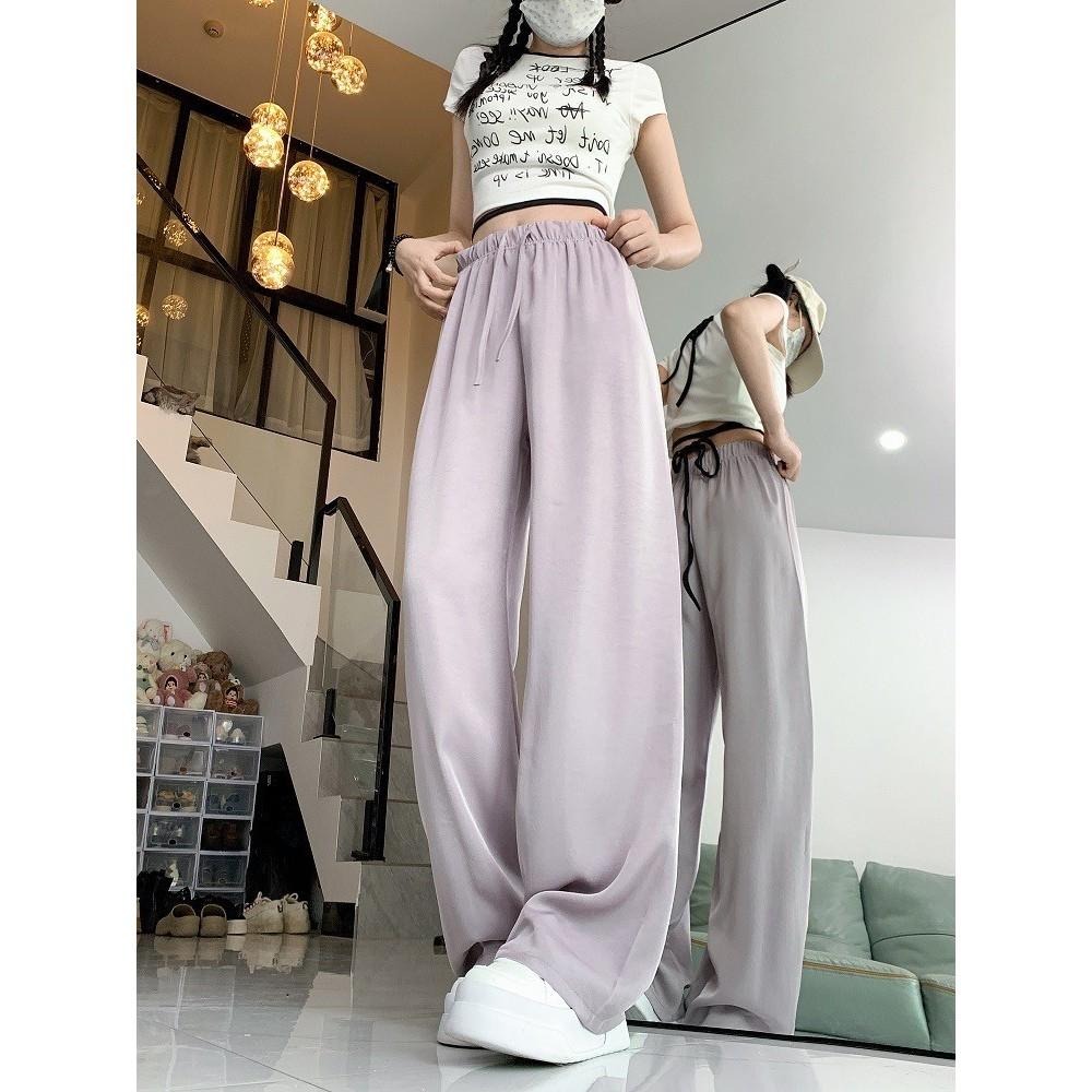 (D242)鬆緊抽繩緞面感寬褲-3色-細節圖4