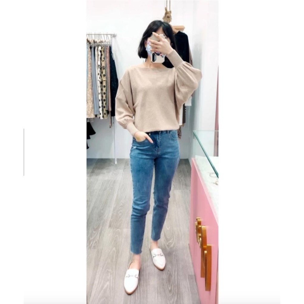 (A45)一字領連袖針織上衣-4色-細節圖3