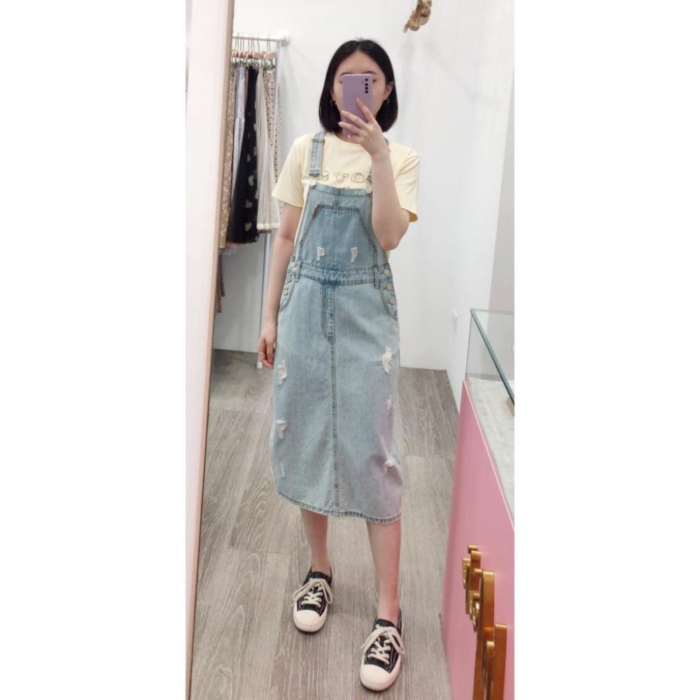 (F7)淺藍色牛仔微刷破吊帶裙S-L 【現貨L】-細節圖2