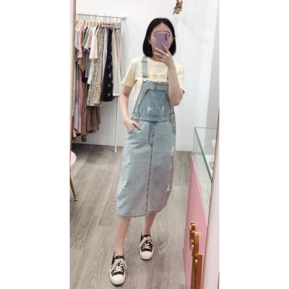 (F7)淺藍色牛仔微刷破吊帶裙S-L 【現貨L】-細節圖3