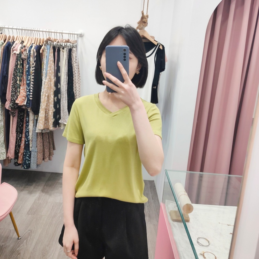 (A154)v領軟料超彈短袖上衣-3色【現貨-芥綠】-細節圖4
