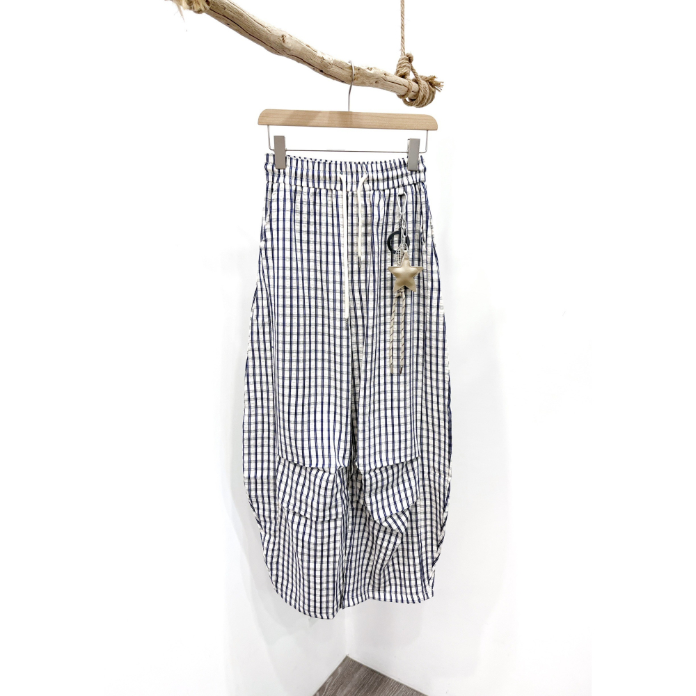 (D250)鬆緊格子抓褶彎刀褲-細節圖4