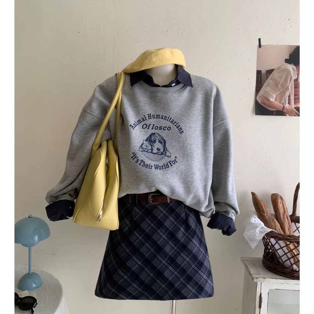 (A402)狗狗印花圖案內刷絨長袖大學t-3色-細節圖5