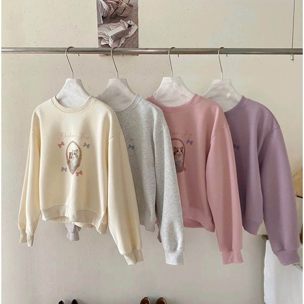 (A406)貓咪印花圖案長袖大學t-4色-細節圖2