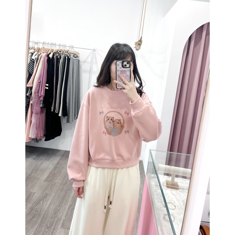 (A406)貓咪印花圖案長袖大學t-4色-細節圖3