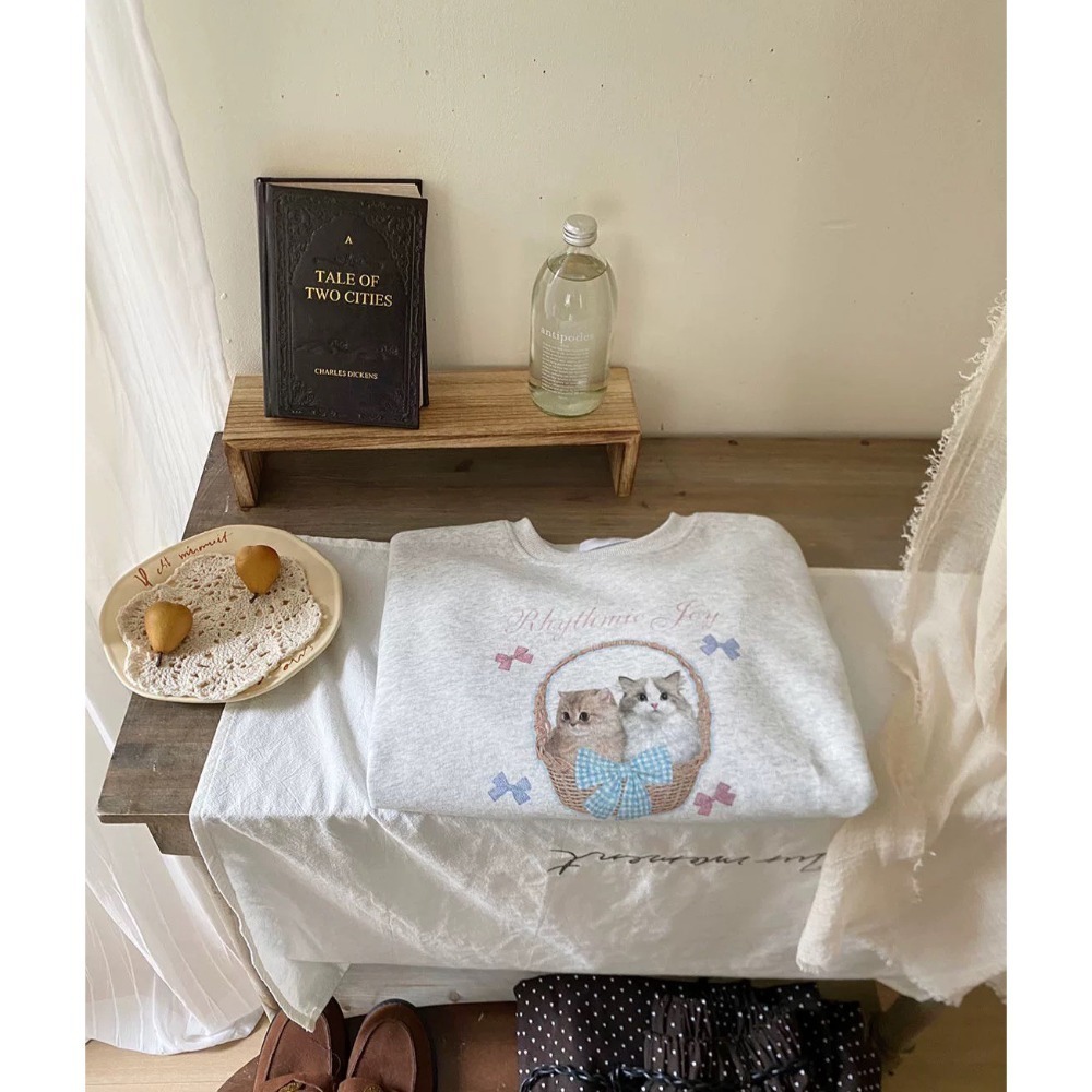 (A406)貓咪印花圖案長袖大學t-4色-規格圖4