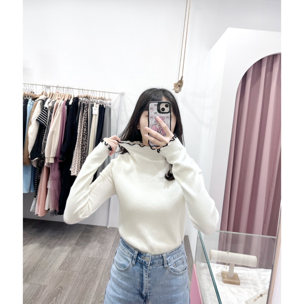 (A410)半高領撞色木耳邊長袖針織上衣-4色-細節圖2