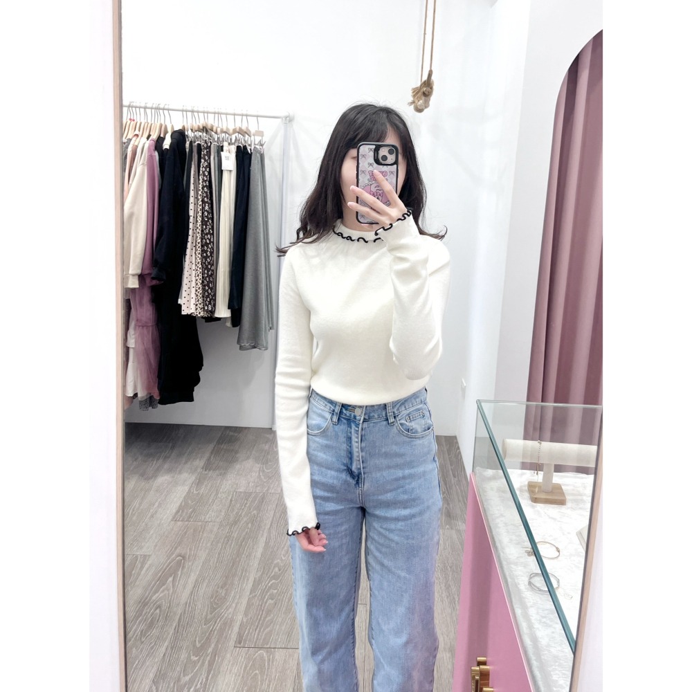 (A410)半高領撞色木耳邊長袖針織上衣-4色-細節圖4