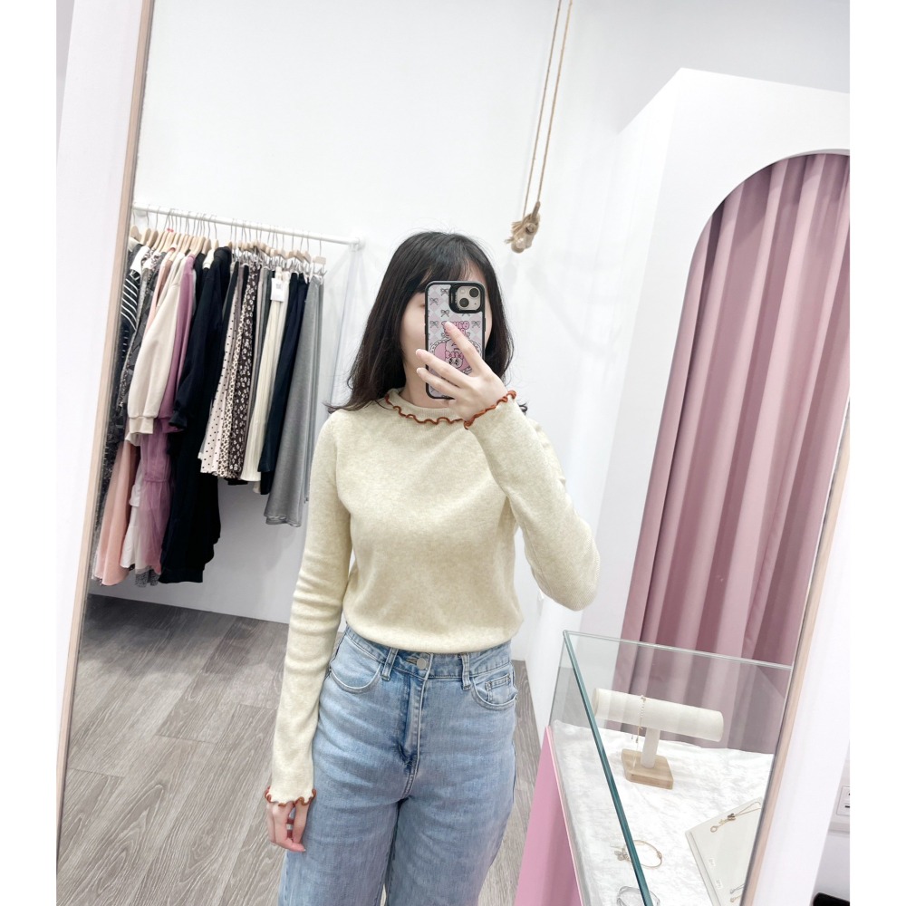 (A410)半高領撞色木耳邊長袖針織上衣-4色-細節圖6