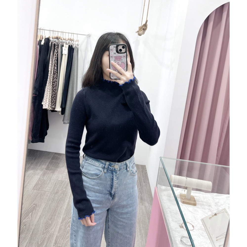 (A410)半高領撞色木耳邊長袖針織上衣-4色-細節圖7